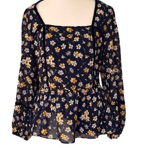 Madewell Peplum Top Medium Navy Blue Floral Velvet Trim Square Neck Long Sleeve